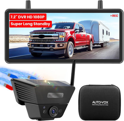Auto-VOX Draadloze achteruitrijcamera op zonne-energie met 18 cm (7,2 inch) 1080P HD-monitor, snelle installatie, opbergtas, IP69K waterdicht, voor vrachtwagens en aanhangers