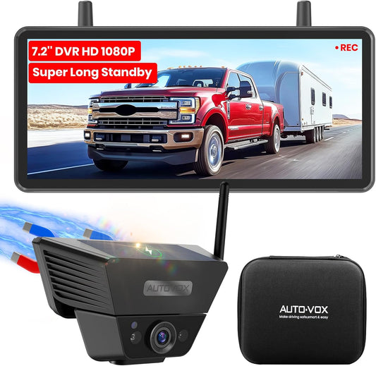 Auto-VOX Draadloze achteruitrijcamera op zonne-energie met 18 cm (7,2 inch) 1080P HD-monitor, snelle installatie, opbergtas, IP69K waterdicht, voor vrachtwagens en aanhangers