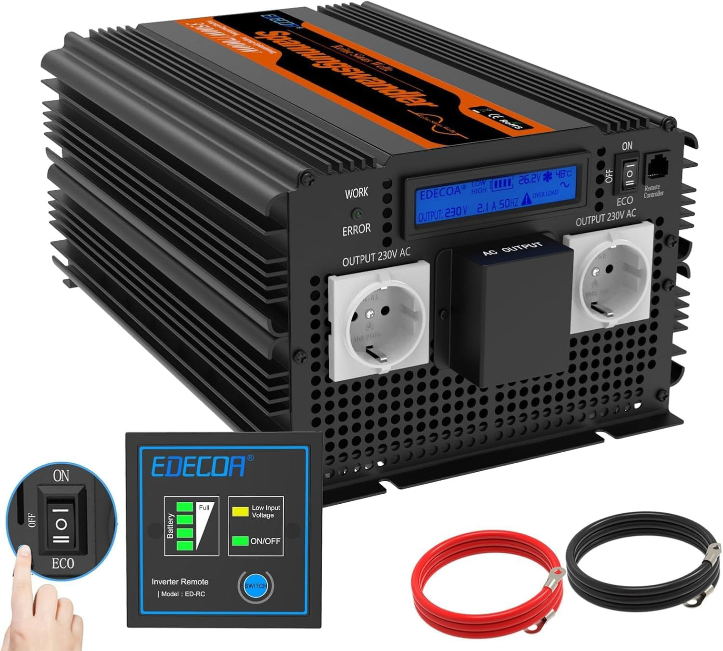 EDECOA Omvormer, 3500 W/7000 W, 24 V, 230 V, zuivere sinus, spanningsomvormer en lcd-scherm met afstandsbediening, voor camper, zonne-installatie, power omvormer