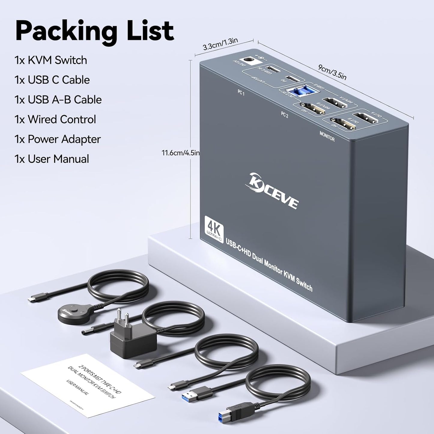 KVM Switch 2 Monitoren 1 Desktop 1 Laptop 4K@60Hz, 7 in 1 Dual Monitor KVM Switch Docking Station, 2 HDMI Displays Uitbreiden, 4 USB 3.0, PD 80W, met Bekabelde Afstandsbediening en USB C Kabel