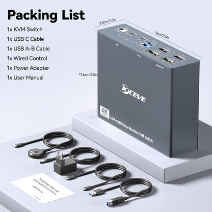 KVM Switch 2 Monitoren 1 Desktop 1 Laptop 4K@60Hz, 7 in 1 Dual Monitor KVM Switch Docking Station, 2 HDMI Displays Uitbreiden, 4 USB 3.0, PD 80W, met Bekabelde Afstandsbediening en USB C Kabel