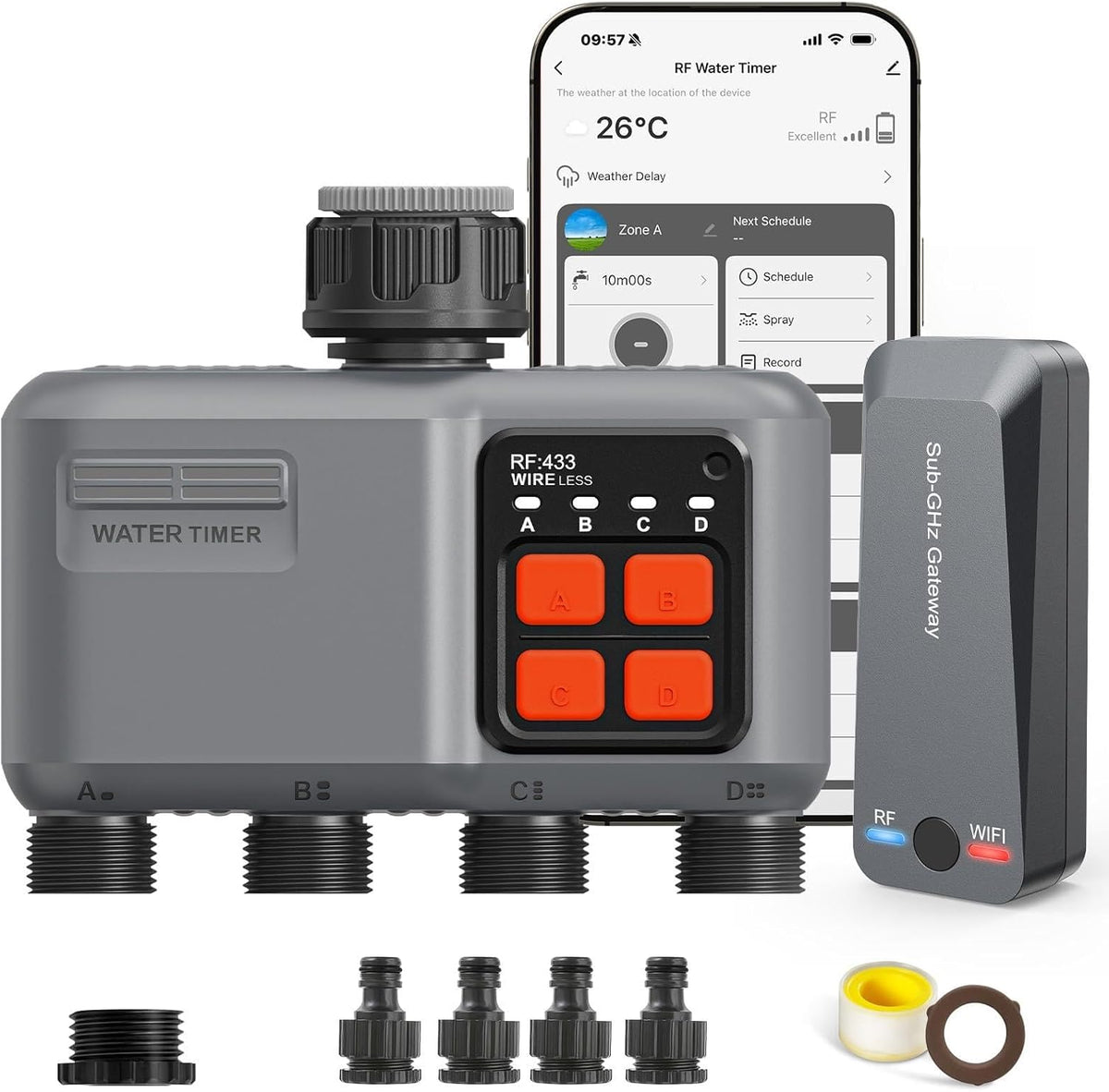 Wifi-irrigatieprogrammeerder, 4 uitgangen met gateway, RF-technologie 300 m, automatische irrigatietimer voor tuinirrigatie, compatibel met Alexa en Smart Life app