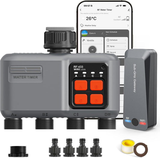 Wifi-irrigatieprogrammeerder, 4 uitgangen met gateway, RF-technologie 300 m, automatische irrigatietimer voor tuinirrigatie, compatibel met Alexa en Smart Life app