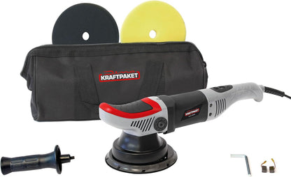 Dino KRAFTPAKET 640247 8 mm - 710 W excentrische polijstmachine met draaibeweging traploos in set met 125 mm polijstspons, 125 mm polijstschijf, tas voor auto en boot, grijs