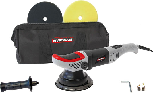Dino KRAFTPAKET 640247 8 mm - 710 W excentrische polijstmachine met draaibeweging traploos in set met 125 mm polijstspons, 125 mm polijstschijf, tas voor auto en boot, grijs