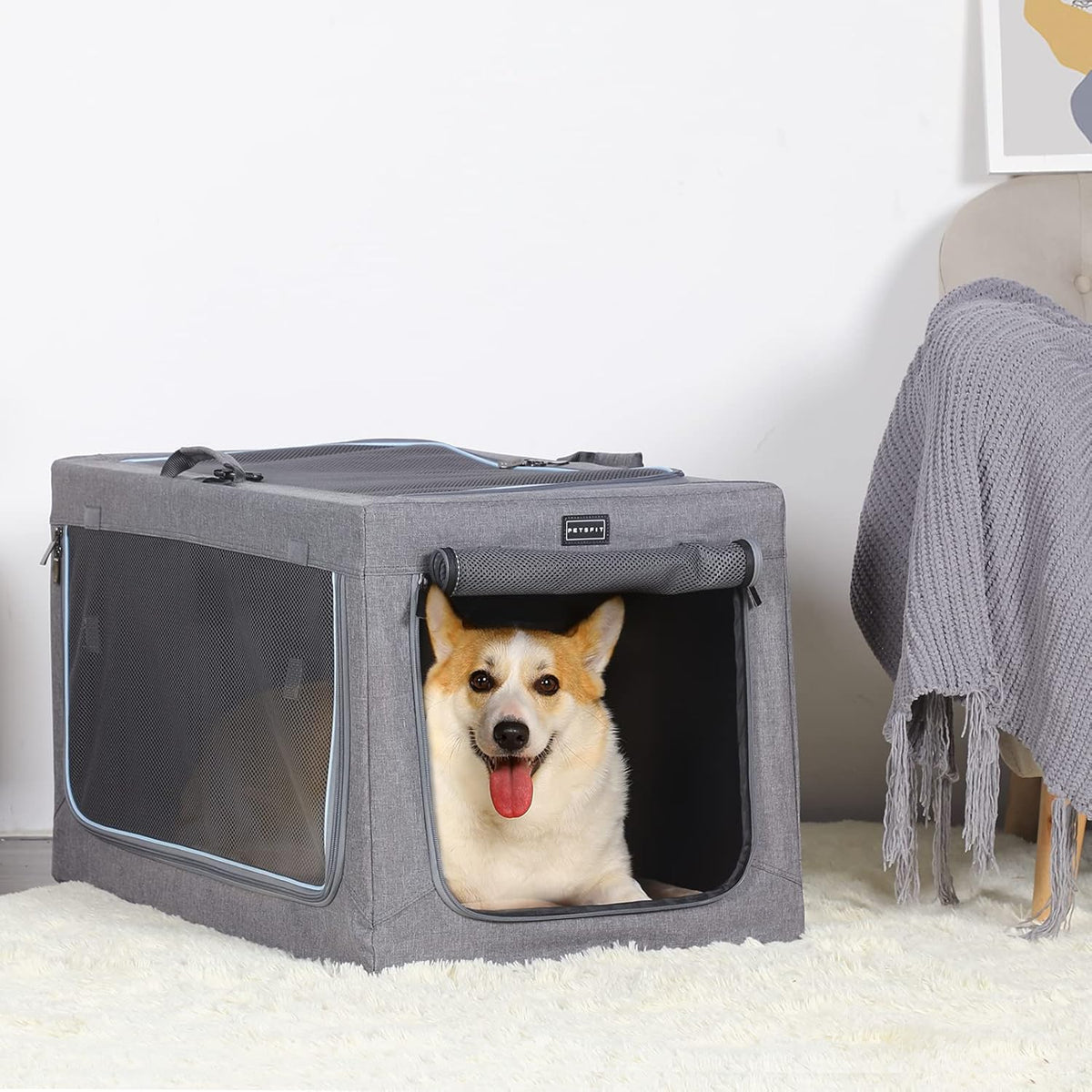 Petsfit, Draagbare hondenbench met dikke mat, verstelbare stoffen hoes, ademende gaasdeuren, opvouwbare hondenkrat 76 x 50 x 49 cm (l x b x h) grijs