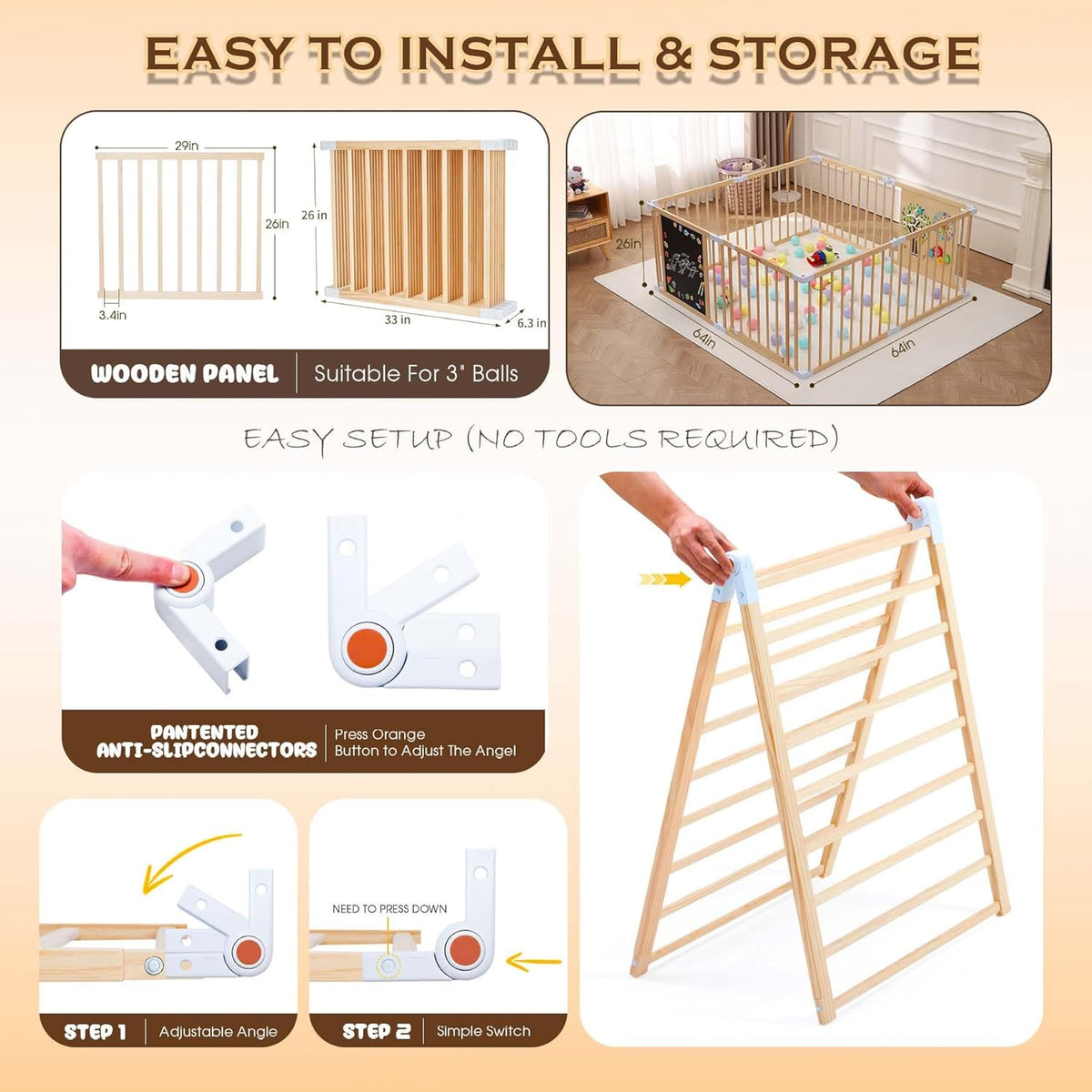 Wooden Baby Playpen with Door, Interchangeable & Expandable Play Gate for Toddlers, Wooden Playpen for Kids with Chalk Whiteboard & Montessori Games (66cm High 8-Panel) - QUORE