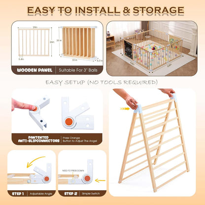 Wooden Baby Playpen with Door, Interchangeable & Expandable Play Gate for Toddlers, Wooden Playpen for Kids with Chalk Whiteboard & Montessori Games (66cm High 8-Panel) - QUORE