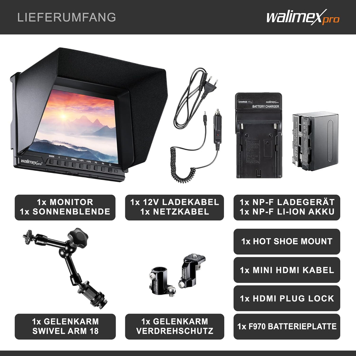 Walimex pro Full HD Monitor Director III Set - 7 inch IPS LCD-scherm - scharnierarm & bescherming tegen verdraaien - Focusassistent - met HDMI en AV-ingang - Inclusief batterij & oplader