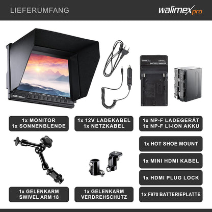Walimex pro Full HD Monitor Director III Set - 7 inch IPS LCD-scherm - scharnierarm & bescherming tegen verdraaien - Focusassistent - met HDMI en AV-ingang - Inclusief batterij & oplader