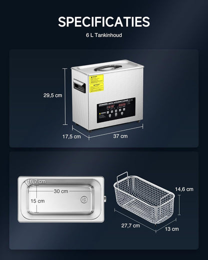 6L Ultrasoonreiniger – Ultrasone Reinigingsmachine – Schoonmaakapparaat – Ultrasone Cleaner – Ultrasone Wasbak – Roestvrijstalen Tank – Verwarming tot 80°C – Digitale Timer