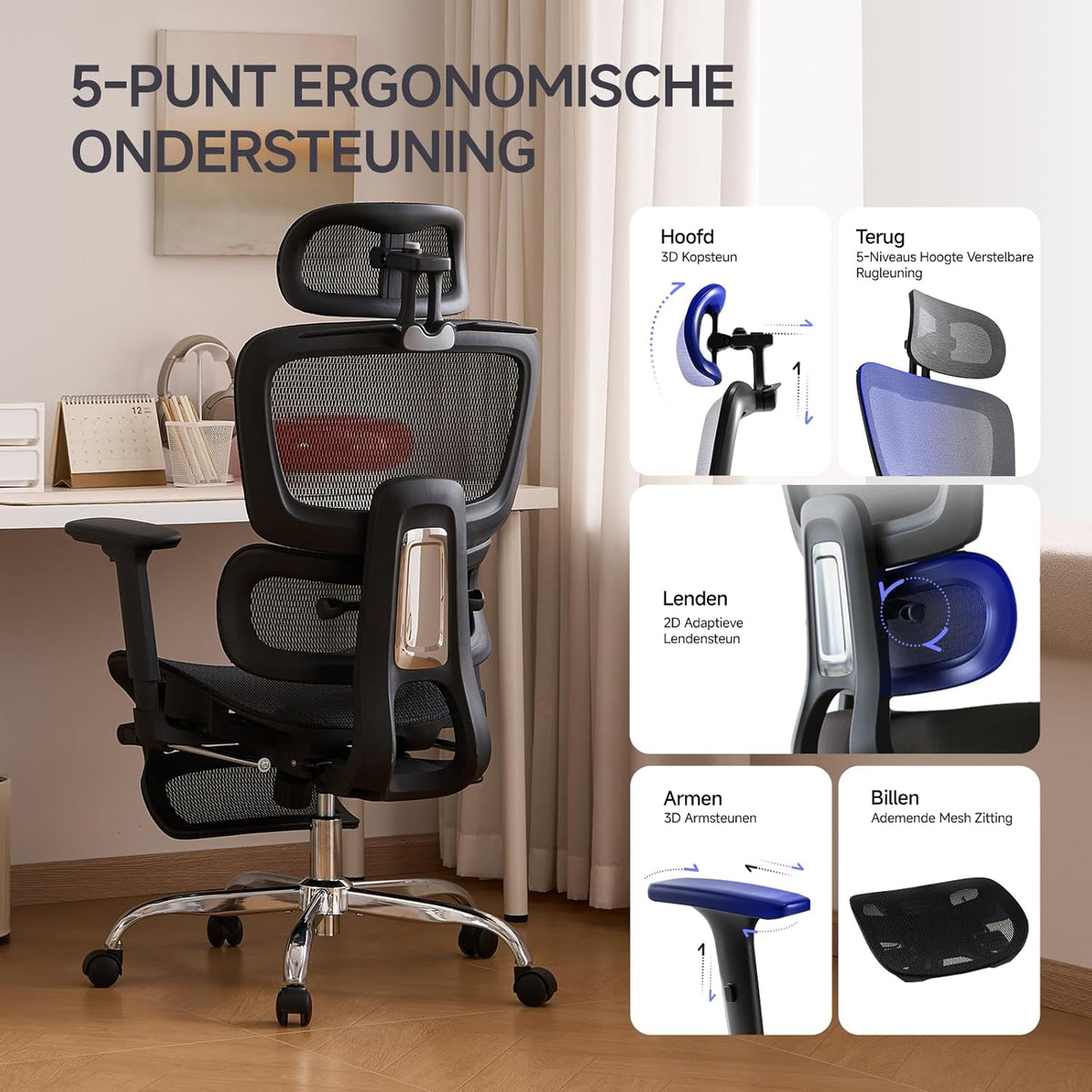 Ergonomische Bureaustoel met Voetensteun - 5-Zones Verstelbare Rugleuning, 2D Lendensteun, 3D Arm-/Hoofdsteun, 145° Kantelfunctie + Ademend Net voor Kantoor/Thuiswerk/Studie, Zwart