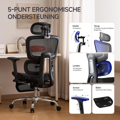 Ergonomische Bureaustoel met Voetensteun - 5-Zones Verstelbare Rugleuning, 2D Lendensteun, 3D Arm-/Hoofdsteun, 145° Kantelfunctie + Ademend Net voor Kantoor/Thuiswerk/Studie, Zwart