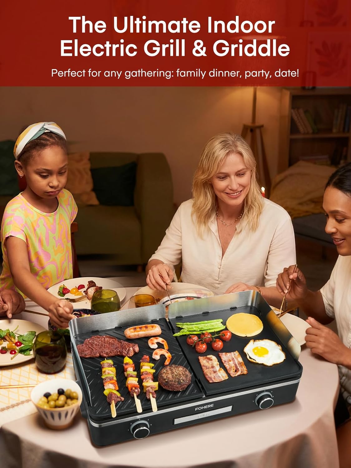 FOHERE Elektrische grill, 2400 W, tafelgrill met 2 gescheiden regelbare grillplaten (glad en geribbeld), duo-grillsysteem, 5-traps temperatuurregeling (zwart)