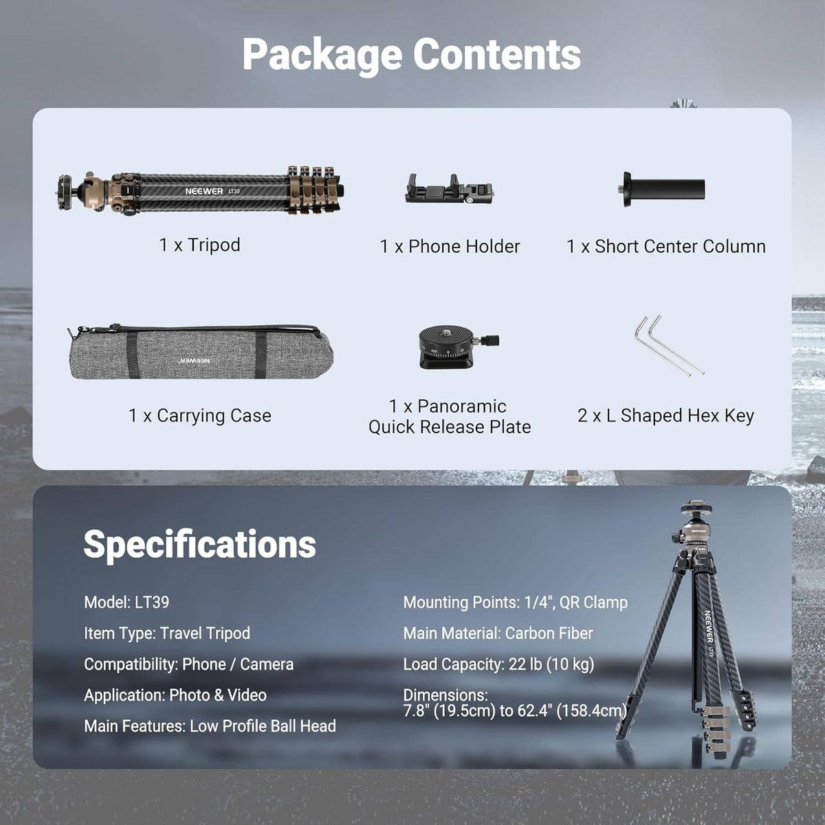 Reisstatief – Camera Statief – Fotostatief – Videostatief – Tripod – Koolstofvezel – 16,5 tot 155 cm – Draagvermogen 10 kg