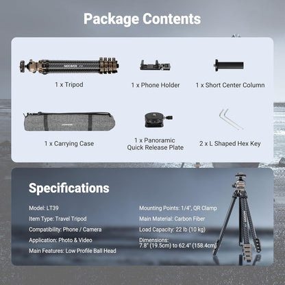Reisstatief – Camera Statief – Fotostatief – Videostatief – Tripod – Koolstofvezel – 16,5 tot 155 cm – Draagvermogen 10 kg