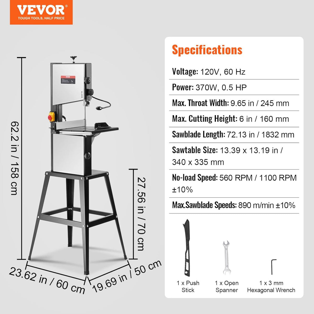 VEVOR Benchtop Band Saw 10 Inch Dual-Speed (560 & 1100 RPM) 370W 1/2HP Motor Including Metal Stand, Work Light, Fence and Mitre Gauge for Wood, Aluminium, Plastic Crafts