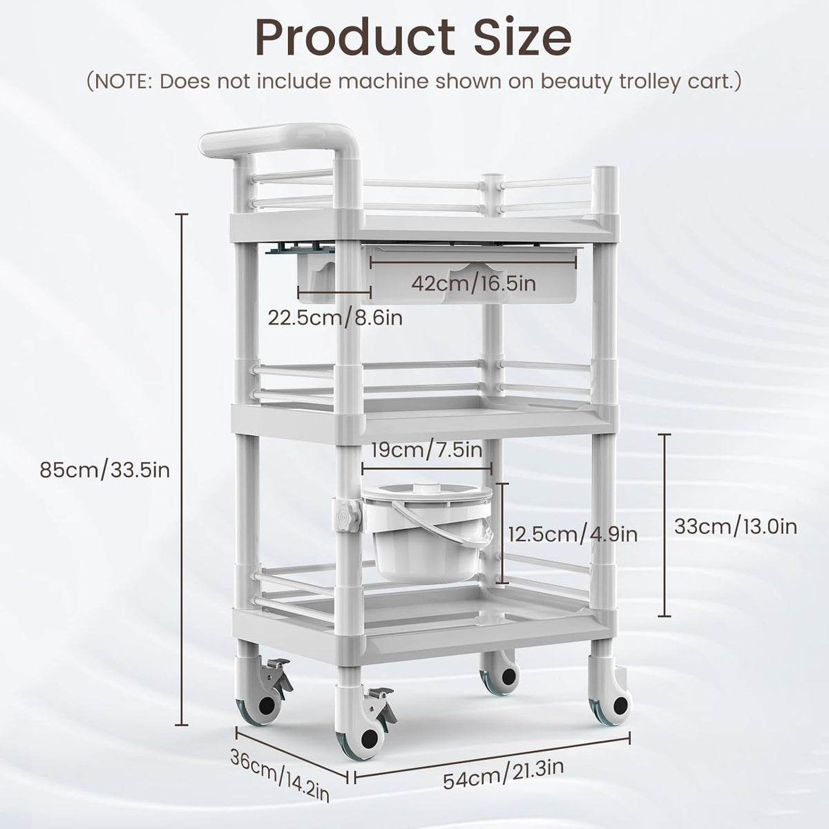 Iklestar Trolley Cart met 3 etages met emmer en grote lade, multifunctionele serveerwagen voor schoonheidssalon, spa, kantoor, kliniek, thuis, 360° draaibare stille wielen