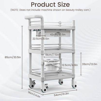 Iklestar Trolley Cart met 3 etages met emmer en grote lade, multifunctionele serveerwagen voor schoonheidssalon, spa, kantoor, kliniek, thuis, 360° draaibare stille wielen