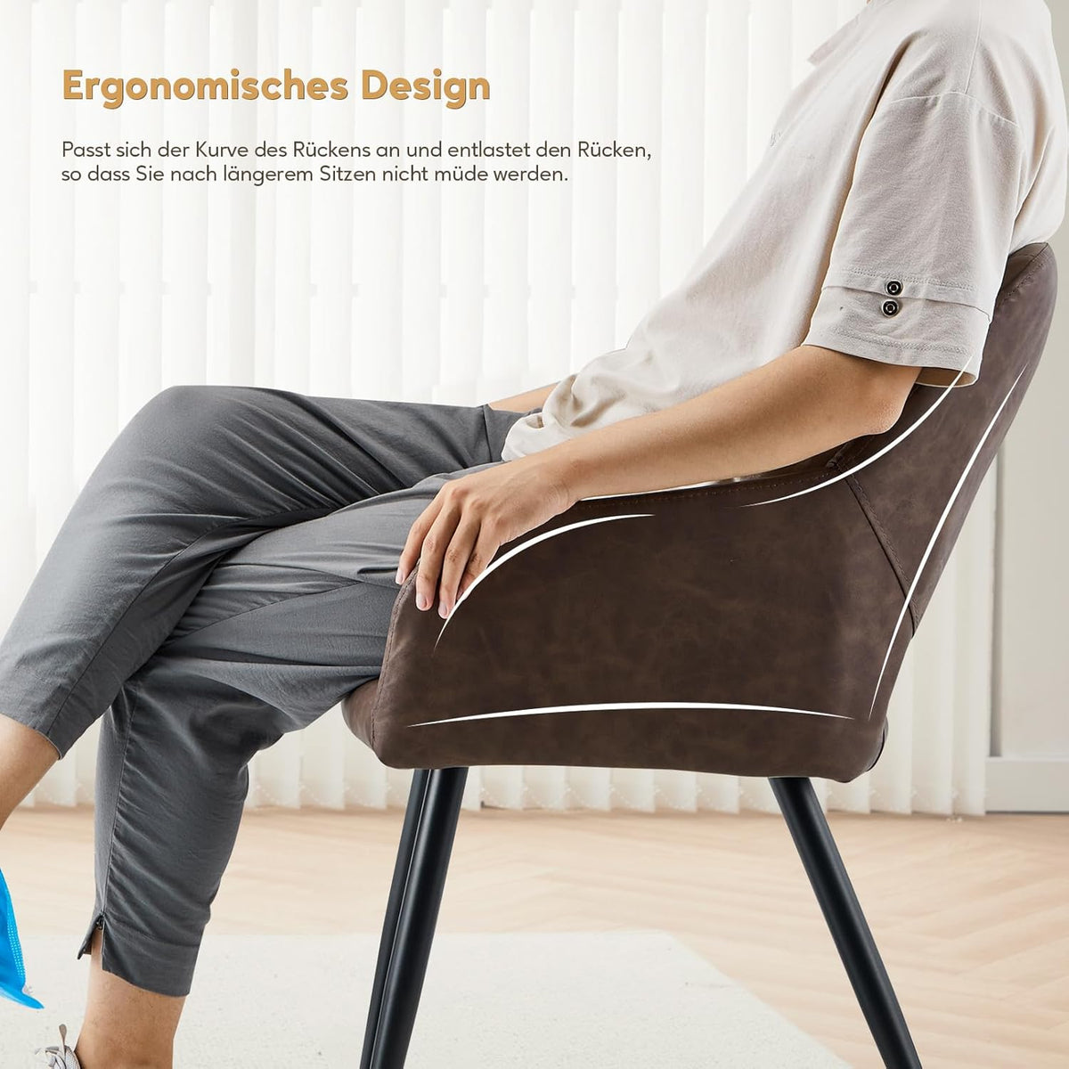 TUKAILAI Set van 2 kunstleren eetkamerstoelen, gestoffeerd, met open rugleuning, armleuningen, gevoerde zitting, metalen poten, stoelen voor woonkamer, eetkamer, keuken, bruin - QUORE
