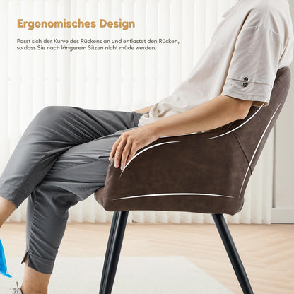 TUKAILAI Set van 2 kunstleren eetkamerstoelen, gestoffeerd, met open rugleuning, armleuningen, gevoerde zitting, metalen poten, stoelen voor woonkamer, eetkamer, keuken, bruin - QUORE