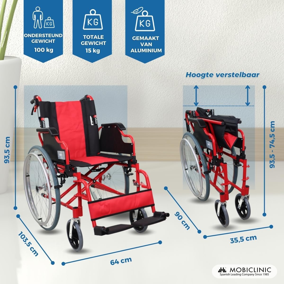 Opvouwbare rolstoel | Remmen op handgrepen en wielen | Ultralicht | Tweedelige rugleuning | Aluminium | Torre | Mobiclinic
