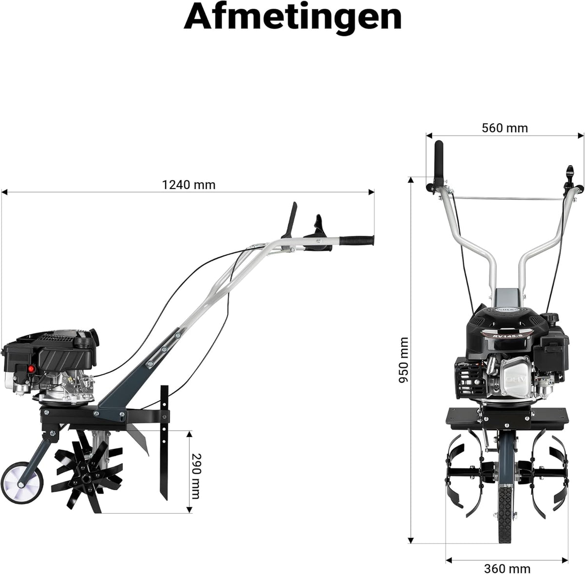 Wiltec tuinfrees benzine werkbreedte van 36 cm, grondfreesmachine motor 144 ccm en 4 messen, cultivator met brandstofaandrijving Euro 5, robuuste grondfrees voor tuinwerk