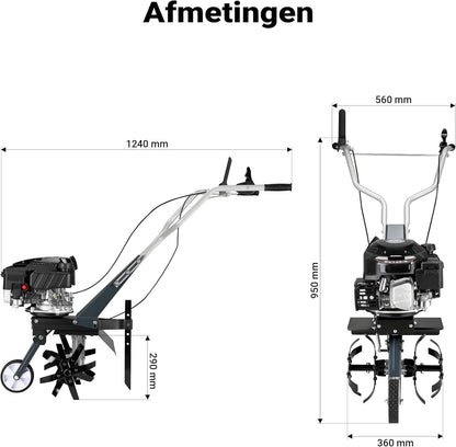 Wiltec tuinfrees benzine werkbreedte van 36 cm, grondfreesmachine motor 144 ccm en 4 messen, cultivator met brandstofaandrijving Euro 5, robuuste grondfrees voor tuinwerk