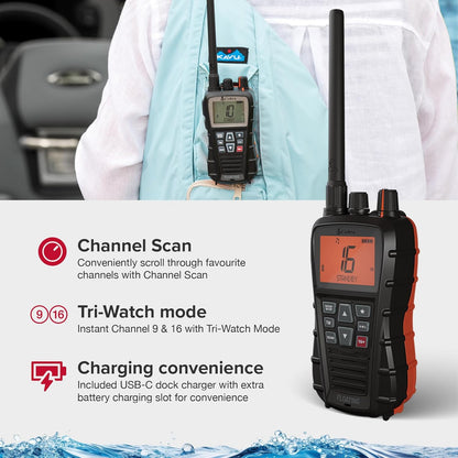Cobra BlueBound 350 Handheld Zwevende VHF Marine Radio - 6 Watt, Float n ' Flash, IPX7 Waterdicht, Dompelbaar, Dag/Nacht LCD-display, Geheugenscan, Tri-Watch, Zwart