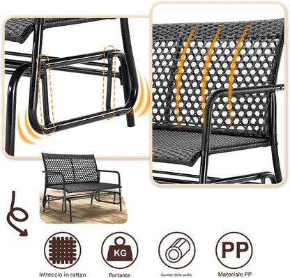 BAKAJI Hollywood schommelbank van rotan, 2 plaatsen voor buiten, tuinbank, kantelbank, ergonomisch, met structuur tegen uv-stralen en weersinvloeden, geschikt voor balkon, terras, terras