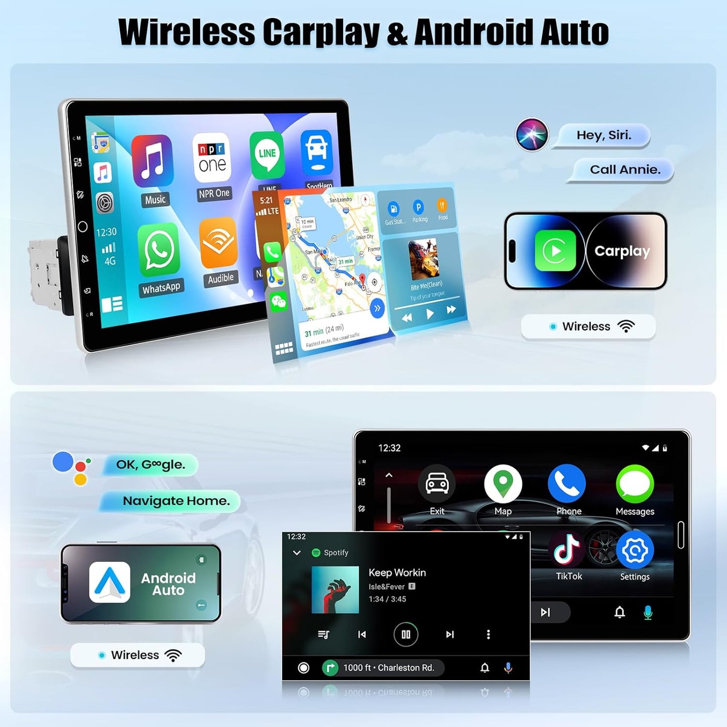 1 DIN autoradio met draadloos CarPlay Android Auto autoradio met draaibaar 10,1-inch touchscreen Bluetooth FM/AM/RDS radio Mirror Link USB/TF-kaart/Aux-ingang SWC EQ ondersteuning DVR+