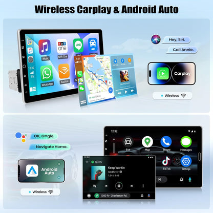 1 DIN autoradio met draadloos CarPlay Android Auto autoradio met draaibaar 10,1-inch touchscreen Bluetooth FM/AM/RDS radio Mirror Link USB/TF-kaart/Aux-ingang SWC EQ ondersteuning DVR+