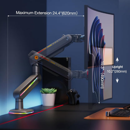 Monitor arm met RGB verlichting – Zwart – Monitorhouder, monitorsteun, schermarm, beeldschermhouder – Voor vlakke, ultrabrede en gebogen schermen van 32 tot 60 inch – Belastbaar tot 20 kg, VESA 75x75 en 100x100 mm
