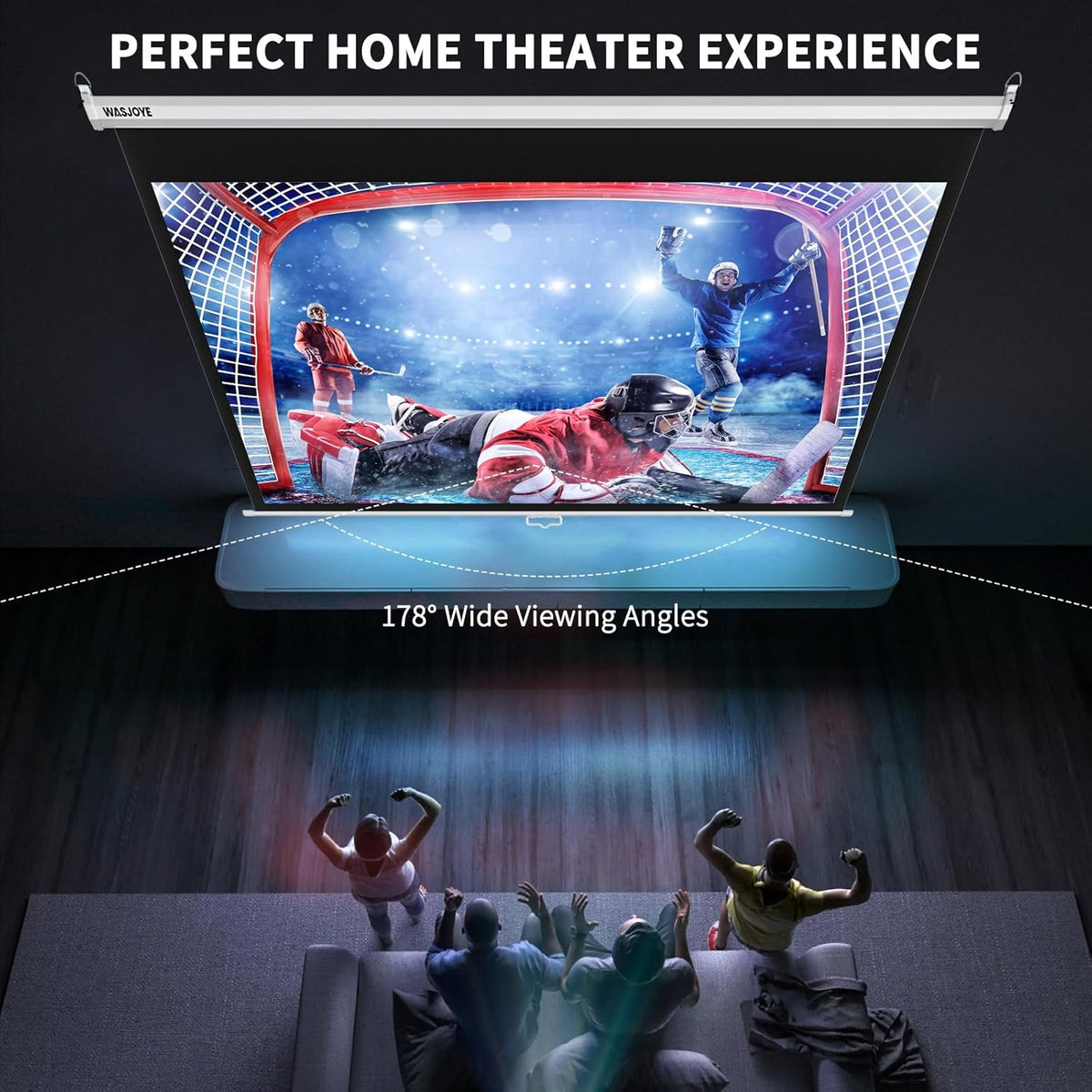 WASJOYE Handmatig projectiescherm met universeel 100 inch oprolbaar handmatig projectiescherm met automatische vergrendeling, instelbare schermhoogte, maskerrand