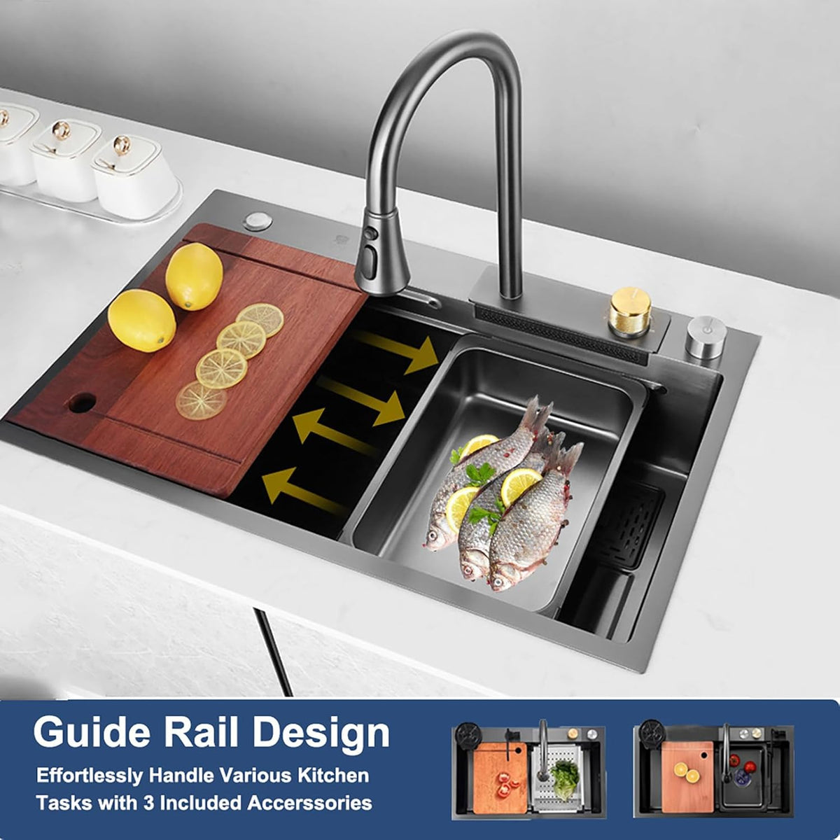 Waterval Gootsteen, Waterval Spoelbak Keuken, 304 Roestvrij Staal Gootsteen met Enkele Spoelbak met Uittrekbare Keukenkraan en Meerdere Accessoires Waterfall Kitchen Sink (Wit, 85x45x20cm)