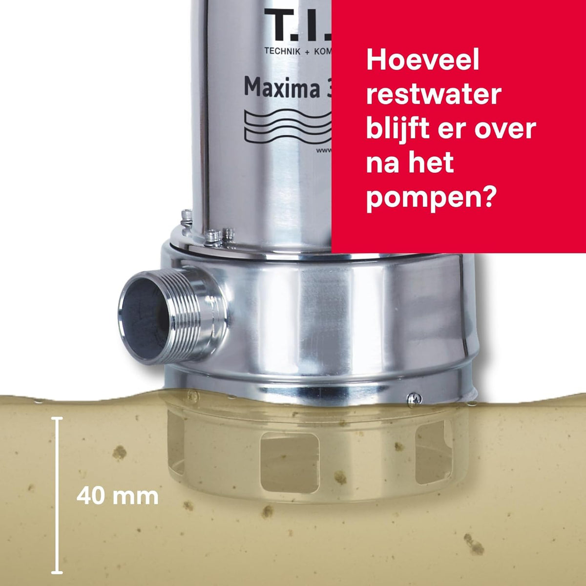 T.I.P. Maxima 300 IX 30116 Vuilwaterpomp, roestvrij staal, debiet tot 18.000 l/u, opvoerhoogte max. 8 m/druk max. 0,8 bar, 700 W, pompbehuizing van kunststof, wiel van Noryl