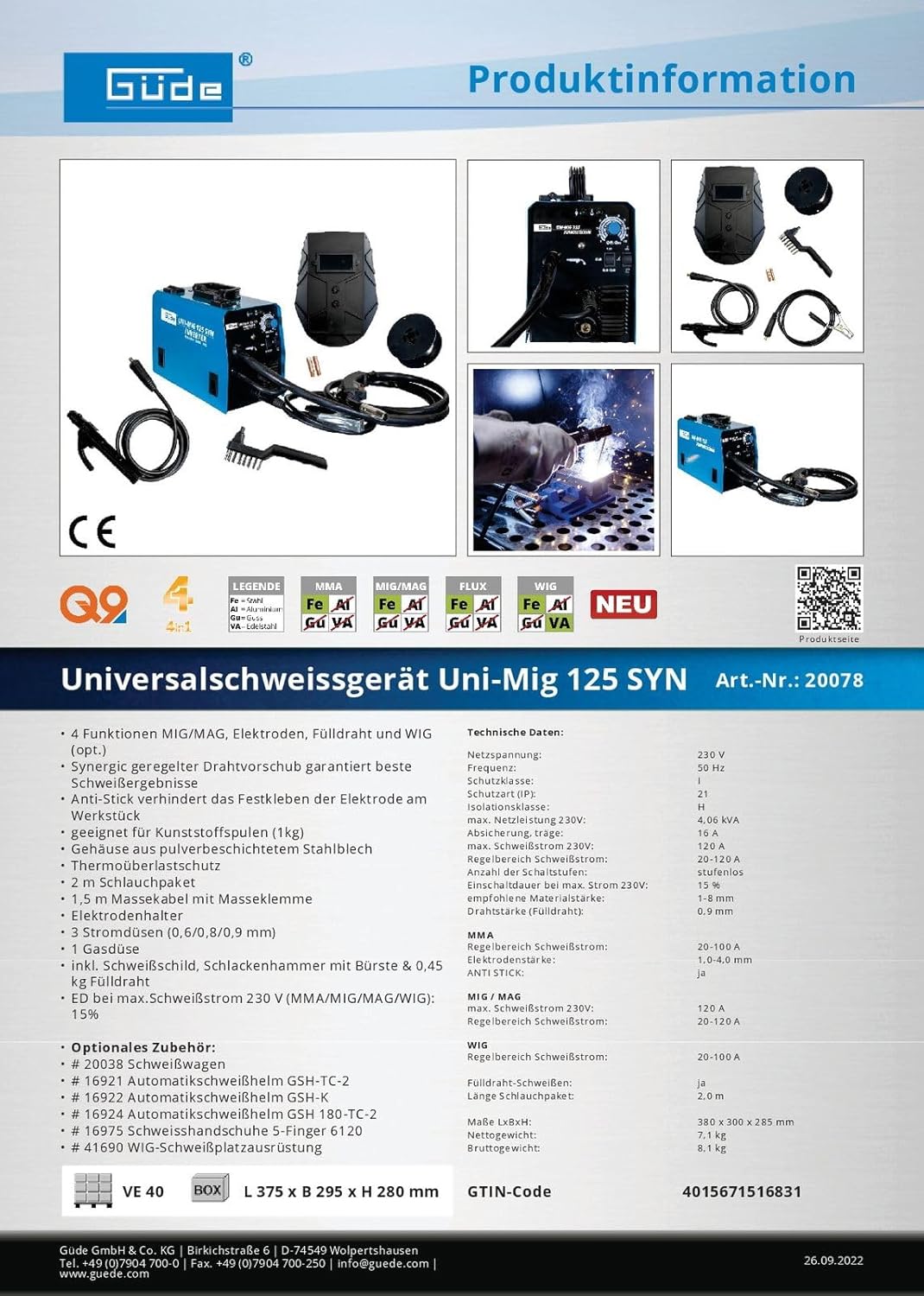 Güde Universeel lasapparaat Uni-Mig 125 SYN (230 V, 4 in 1, 120 A max. lasstroom, 20-120 A regelaar, incl. elektrodenhouder, slangpakket, massaklem, slakkenhamer, lasschild & vuldraad)