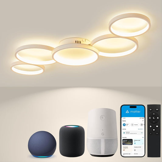 Plafondlamp met afstandsbediening, woonkamerlamp met Matter compatibel met HomeKit, Alexa, Google en IFTTT, 50W moderne LED-plafondlamp voor slaapkamer en woonkamer (100cm, wit)