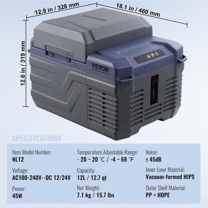 VEVOR Auto Koelkast, 12 Volt Auto Koelkast Koelkast, 12.7QT Single Zone Draagbare Vriezer, -4 °F -46 °F Verstelbaar bereik, 12/24V DC en 100-240V AC Compressor Koeler voor Outdoor, Camping, RV