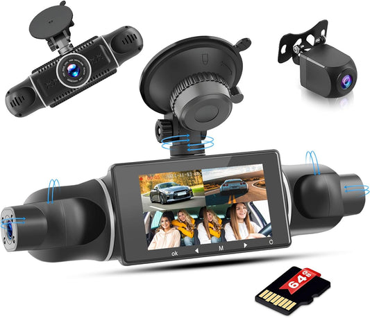 Dashcam 360° Vierkanaals – Autocamera – Dashboardcamera – Reisrecorder – Parkeermonitor – Full HD 1080P – 2,4 Inch Scherm Met 8 IR Nachtzicht En 64 GB Geheugen