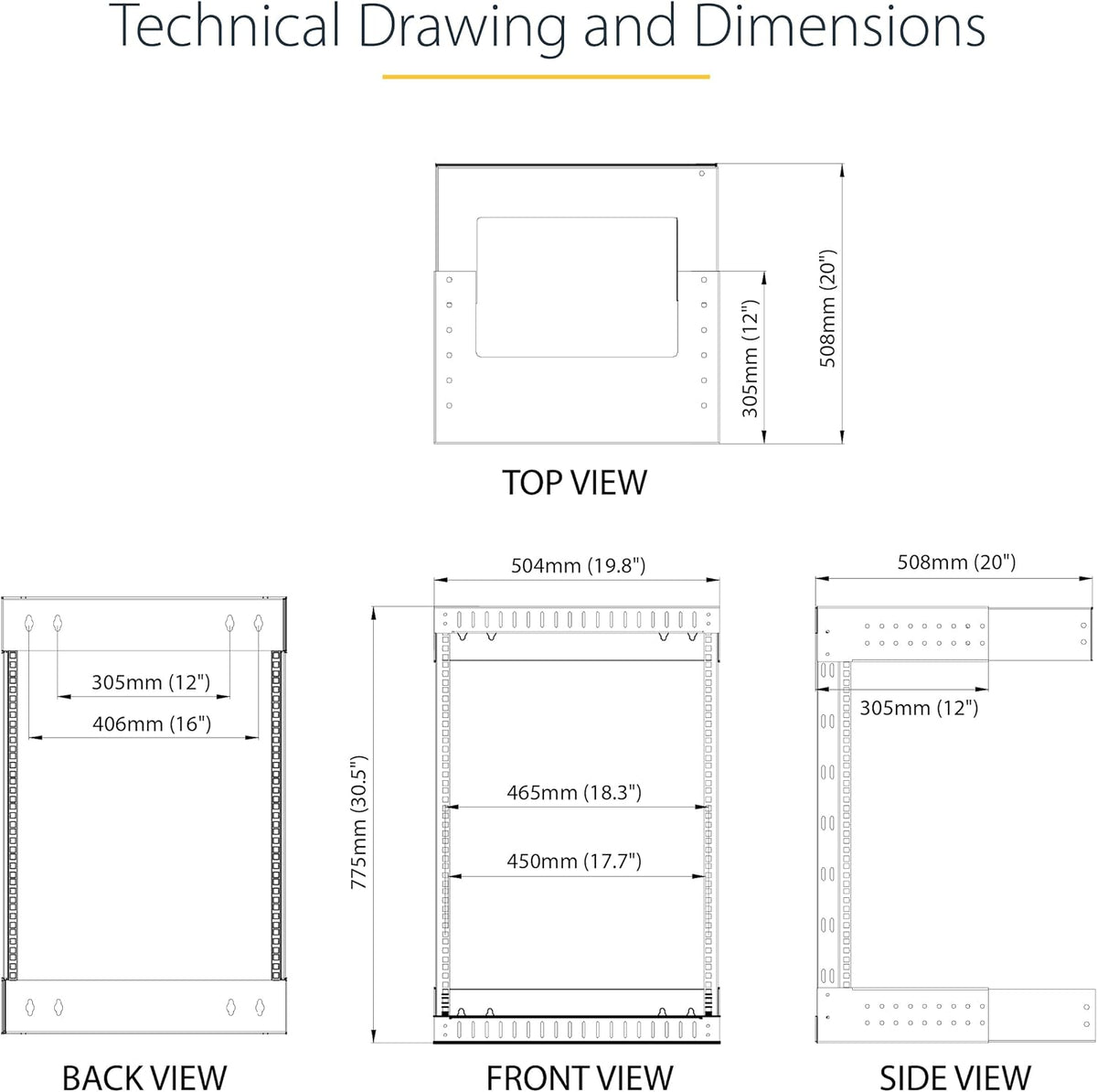 StarTech.com 2 Post 15U Heavy-Duty Wandmonteerbare Server Rack, 19" Open Frame Netwerk Rack met Verstelbare Diepte, Data Rack voor IT/AV/Patchpaneel/Computer Apparatuur (RK15WALLOA)
