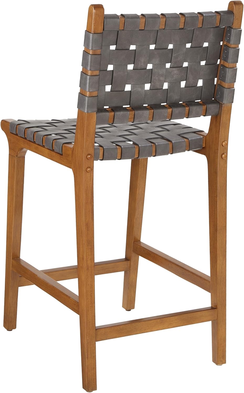 Ball & Cast Woven Counter Stool Kitchen Counter Hoogte Barstool Backrest Wooden Weave Stool, Dark Grey Faux Leather