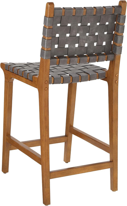 Ball & Cast Woven Counter Stool Kitchen Counter Hoogte Barstool Backrest Wooden Weave Stool, Dark Grey Faux Leather
