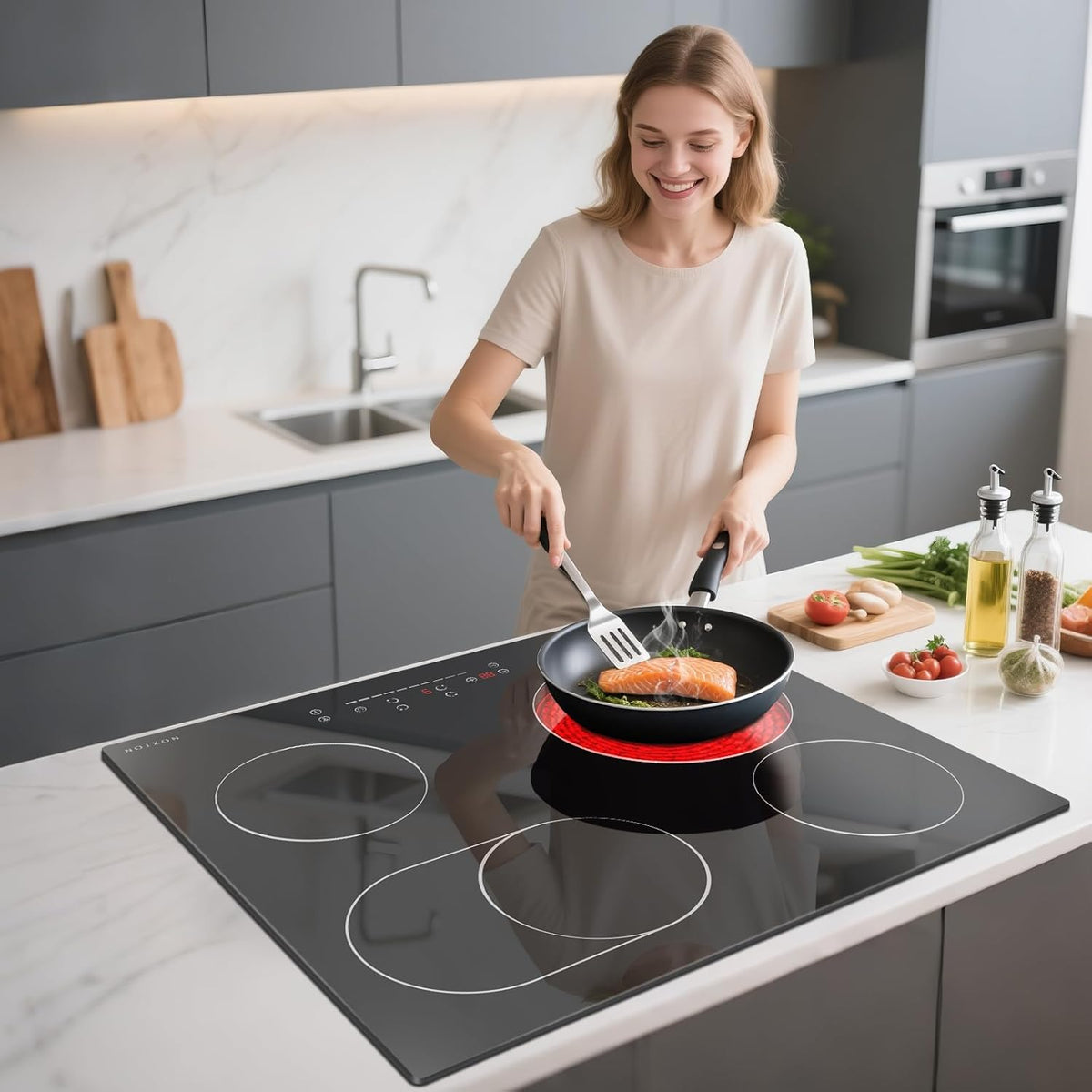 NOXTON Keramische kookplaat, 4 platen, inbouw, keramische kookplaat, 60 cm, met ovale zone voor grillpan, kookplaat, 4 kookplaten met touch-bediening, timer, kinderbeveiliging, 220 V-240 V, 6600 W