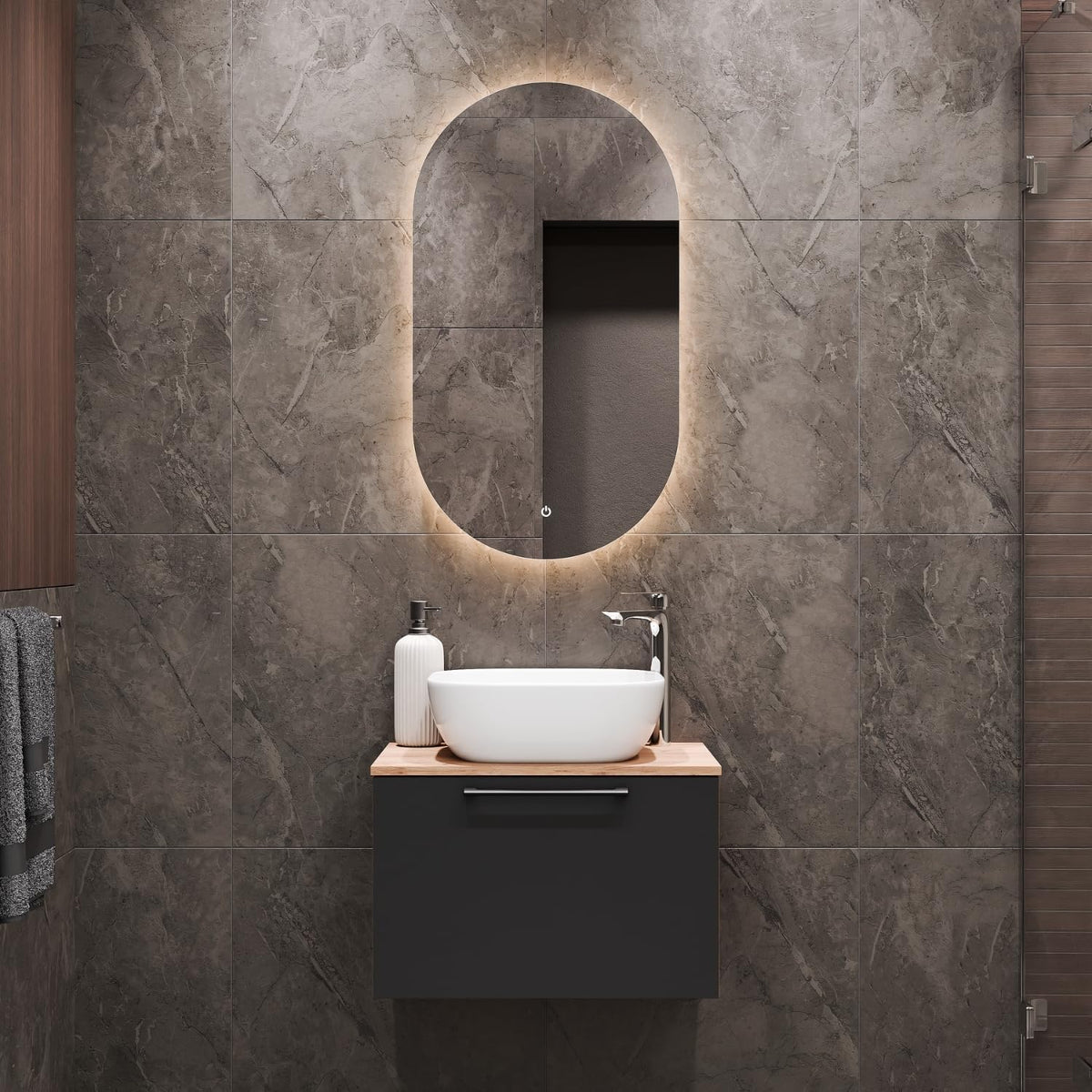 Planetmöbel Astra Bathroom Cabinet Set with Basin Cabinet 60 cm, Gold Oak Anthracite, Sink with Top Edge 42 cm White, Mirror (with LED) 50 cm - QUORE