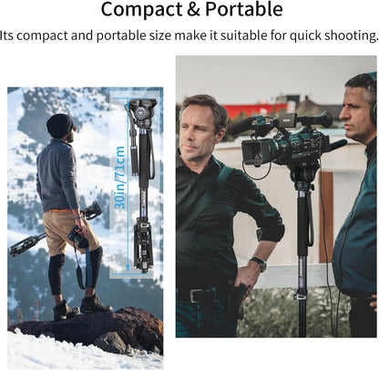 Monopod – Videomonopod – Cameramonopod – Camerastatief – Videostatief – Fluid Head Met 360° Pan En -52° Tot +91° Kanteling – Aluminiumlegering, 182 Cm Hoog En 10 Kg Draagvermogen