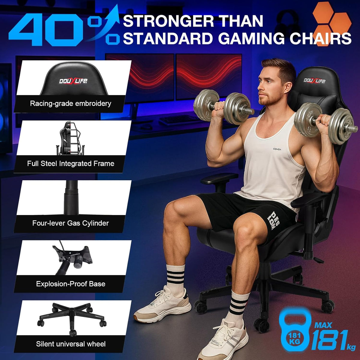 Douxlife Gaming Stoel, met 7-punts Massage, Ergonomische bureaustoel met Voetensteun, 90-175° Rugleuning Instelbaar, Verstelbare 2D-Armleuning, PC-gamerstoel, Bureaustoel, 180 kg, Diepzwart