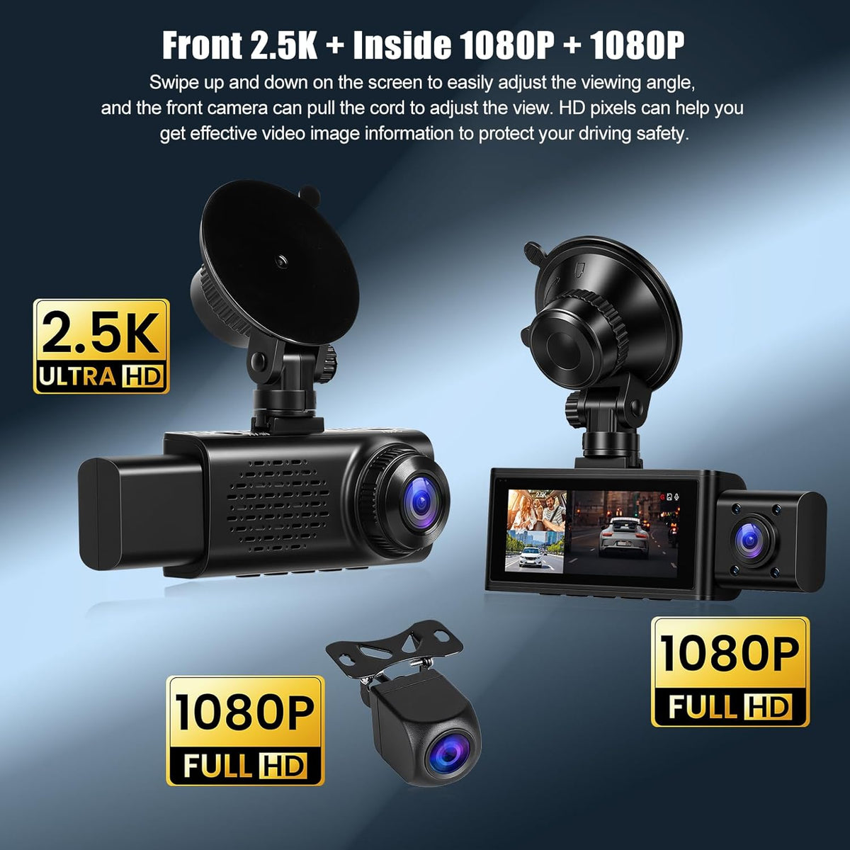 Dashcam Auto – Autocamera – Rijrecorder – Dashcam Set – Achteruitrijcamera – 3-Kanaals met 2,5K Frontcamera, 1080p Interne Camera & 1080p Achtercamera – 3,16 Inch Touchscreen, G-Sensor & App-Bediening
