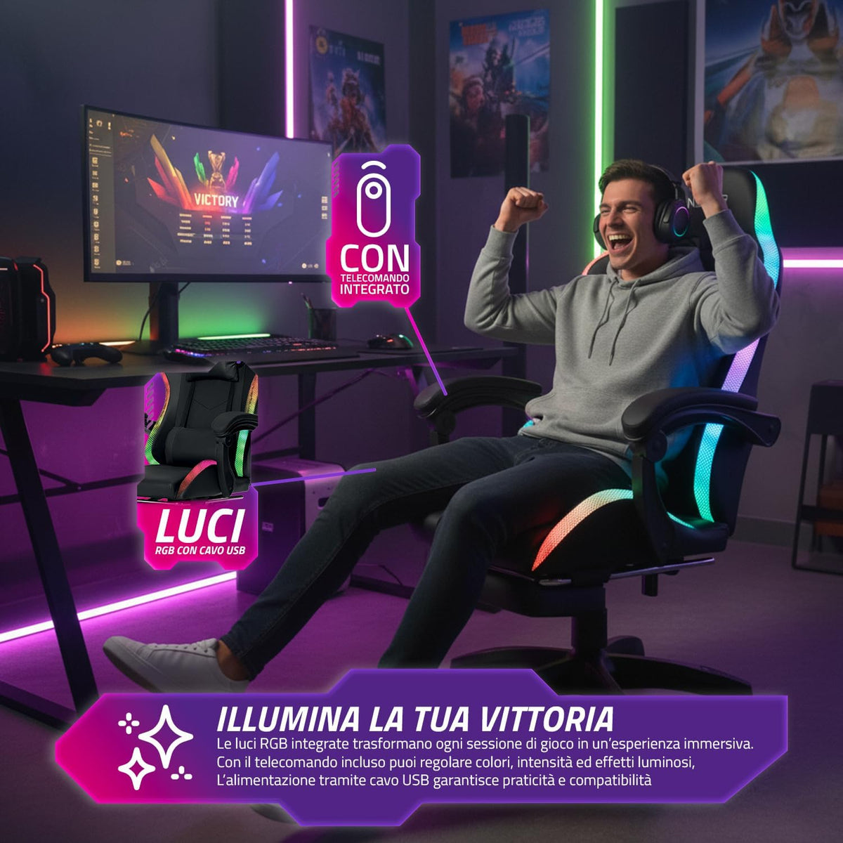 Wintem Gamingstoel met uittrekbare voetensteun, dubbel kussen en RGB-USB-ledlampjes voor absoluut comfort en futuristisch design, ideaal voor gaming, studio en kantoor