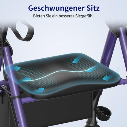 VOCIC Rollator, opvouwbaar en licht, met zitje, Rollators Smal voor woning, Rollatoren voor senioren Opvouwbaar met 20 cm banden voor alle terreinen, zitje en handvat in hoogte verstelbaar, paars